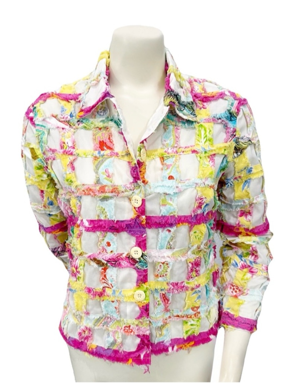 Life Style Petite Patchwork Fringe Jacket Shirt PM Boho Colorful
